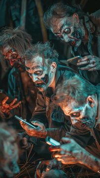 A group of undead creatures gazing at their mobile devices, oblivious to the world around them