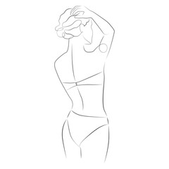 Woman poses in a bra and panties line drawing on white isolated background. A model demonstrates a swimsuit
