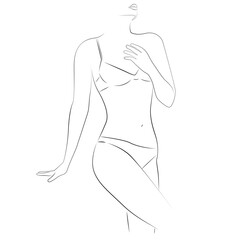 Woman poses in a bra and panties line drawing on white isolated background. A model demonstrates a set of underwear