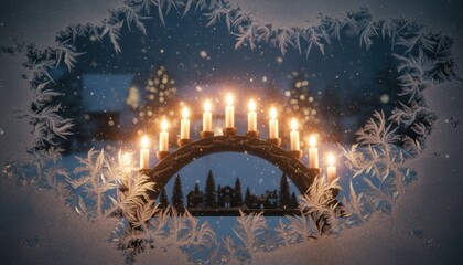 A glowing Weihnachtsbogen candle arch with wooden village figures shines warmly through a frosted window on a snowy winter evening in Germany