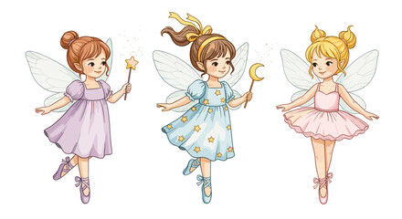 Three adorable fairy ballerinas with delicate wings and magic wands, each dressed in a unique pastelcolored tutu, , ready for a whimsical dance