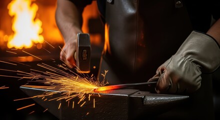 Close-up of Blacksmith Forging Hot Metal on Anvil with Hammer, Creating Fiery Sparks. Traditional Craftsmanship and Hard Work in a Dark Workshop