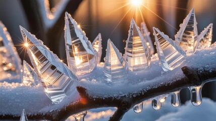 Close up of sharp ice crystals on snowy branch with sun flare