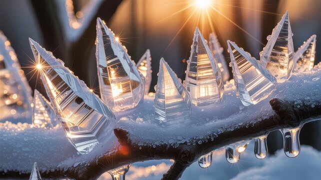 Close up of sharp ice crystals on snowy branch with sun flare - Powered by Adobe