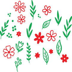 Red and green hand drawn flowers and leaves pattern Keywords: flower, leaf, floral, plant