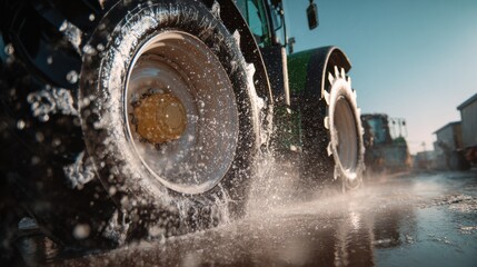 Stunning photo of wide shot of tractor being washed, water splashing off the tire, glistening under clear daylight.