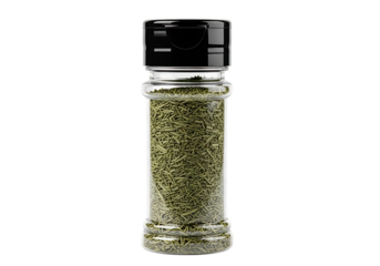 Dried dill in a spice jar, close up studio shot