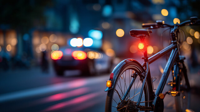 Bicycle accident scene with faceless police car in background defocused urban night setting law enforcement response traffic incident investigation official documentation