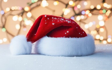 Red Santa Hat with White Fur Trim and Snowflakes Christmas