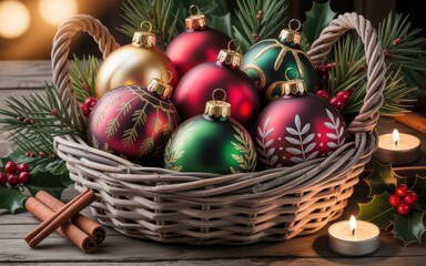 Vintage Christmas ornaments in woven basket with pine and holly