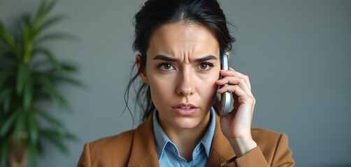 Worried woman speaks by phone in office. Lady frowning answers call holding smartphone. Doubtful female employee conversation. Manager discusses work task. Office worker uses mobile to resolve