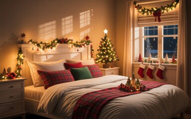 Cozy Christmas bedroom with decorated tree and stockings