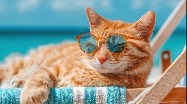 Orange tabby cat relaxes on a lounge chair under the sun wearing funky sunglasses. - Powered by Adobe