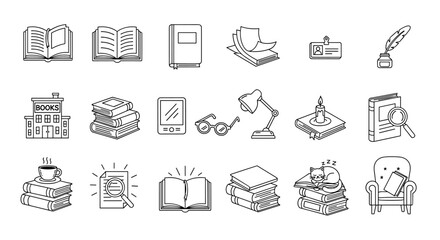 Book icon set collection of book equipment and accessories vector illustration of book game elements in outline sketch style