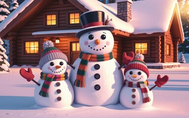 Three snowmen in winter standing before a log cabin