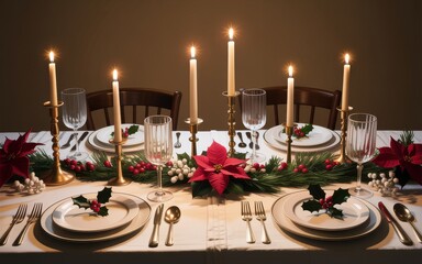 Christmas dinner table setting with candles and poinsettias