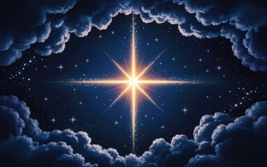 Bright star in dark night sky with clouds and stars