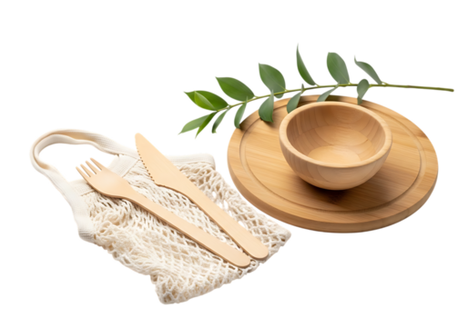 Wooden tableware set with bowl, plate, cutlery and green branch