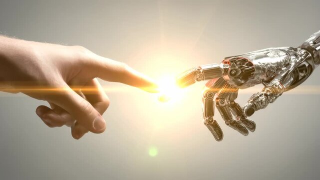 Human hand reaches out to touch robotic hand, symbolizing the connection between humanity and technology in a modern, futuristic setting