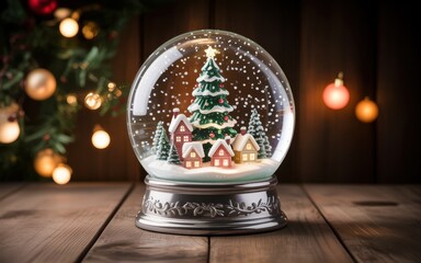 Christmas snow globe with village and tree on wooden table