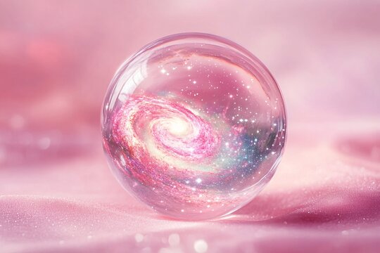 A transparent pink crystal sphere reflects light on an abstract black background, resembling a shiny glass globe