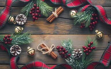 Rustic Christmas flat lay with plaid ribbon pine cones