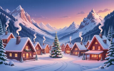 Snowy Christmas village with decorated tree and mountains