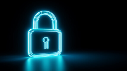 Neon padlock shining in the dark, representing cybersecurity, strong encryption, and trusted access across digital platforms and cloud services.
