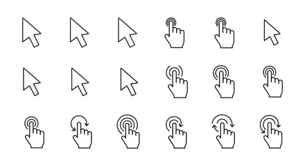 Set of cursor and hand icons in various positions, including pointing, clicking, and dragging, perfect for user interface and web design