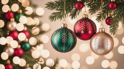 Christmas tree ornaments hanging on pine branches with bokeh lights