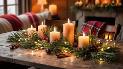 Warm Christmas table centerpiece with candles and pine
