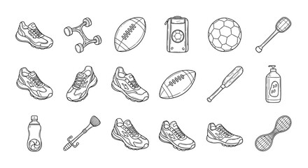 Hand drawn sport equipment sneakers, dumbbells, rugby ball, stopwatch, soccer ball, mace, cricket bat and water bottle for healthy lifestyle