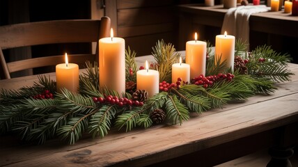 Warm Christmas candle centerpiece with pine and berries