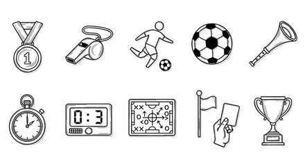Collection of soccerthemed icons, including a medal, whistle, player kicking a ball, soccer ball, vuvuzela, stopwatch, scoreboard, field, card, and trophy