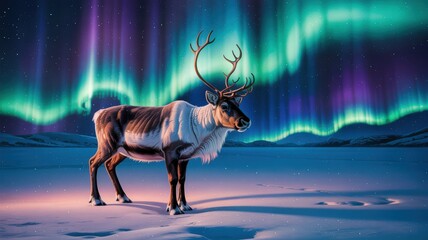 Majestic reindeer stands beneath vibrant aurora borealis