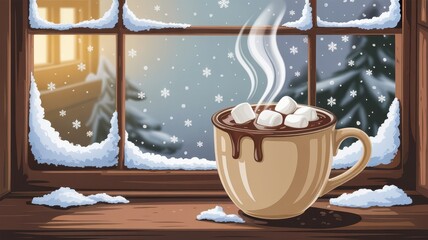 Hot chocolate with marshmallows by a snowy window steam