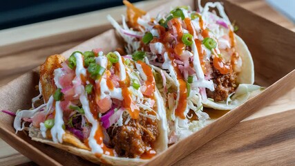 Closeup sequence of fish tacos with fresh garnish on wooden tray in bright setting. National Fish Taco Day, National Taco Day