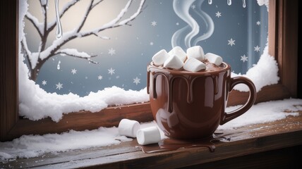 Steaming hot chocolate with marshmallows on a snowy windowsill