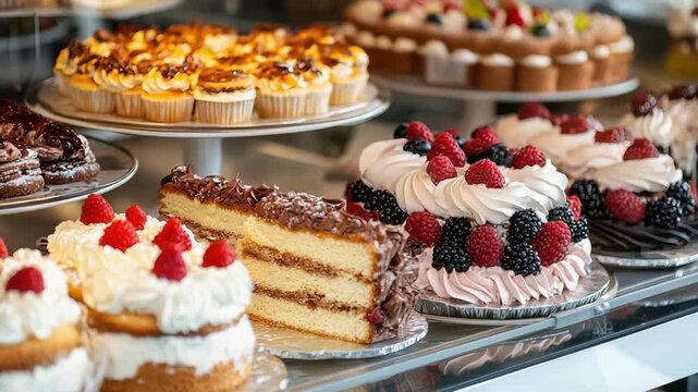 Tempting desserts displayed in bakery showcase with layered cakes and tarts. International Cake Day