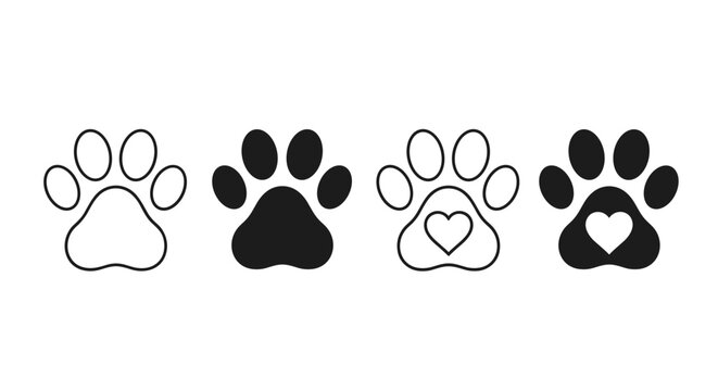 A set of adorable paw print icons featuring both filled and outlined designs, some with heart details, , perfect for animalthemed projects