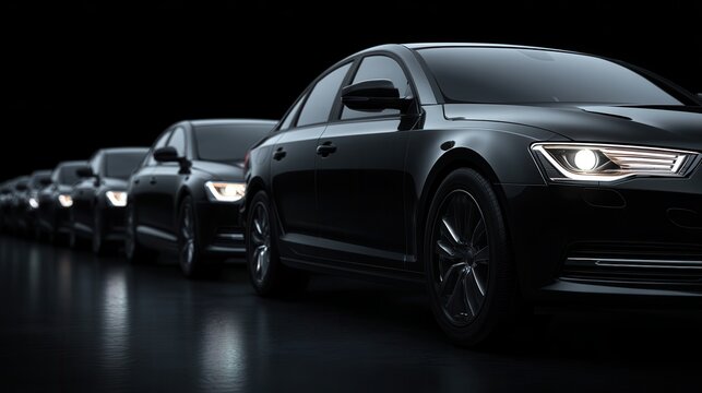 Fototapeta Stunning photo of black sedan cars standing in a row Fleet of generic modern cars Transportation Luxury car fleet consisting of generic brandless design isolated in dark.