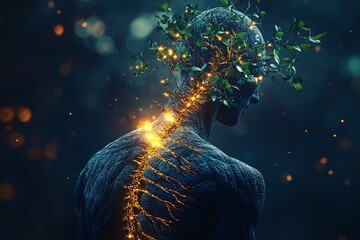 Visionary fantasy art illustration of a man and light against a starry sky concept of space magic and future science