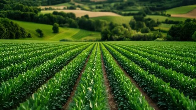 Lush green crop field with expansive landscape and rolling hills on a sunny day