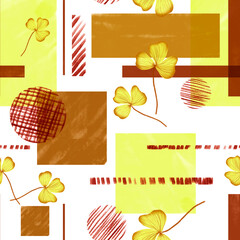 Yellow-brown squares. Seamless pattern of colored squares and burgundy shaded circles and stripes with yellow leaves on a white background.