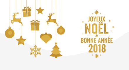 Elegant golden christmas and new year design featuring festive ornaments and the french text joyeux nol bonne anne 2018, perfect for adding a touch of sophistication to holiday greetings