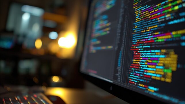 Close-up of Computer Screen with Colorful Code in Modern Workspace