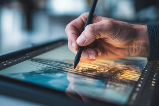 Close-up of Hand Drawing Concept Art on Tablet with Stylus in Creative Setting