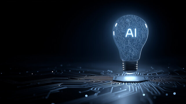AI lettering on a light bulb over a circuit platform, expressing artificial intelligence as a source of new ideas, automation, and data driven innovation.
