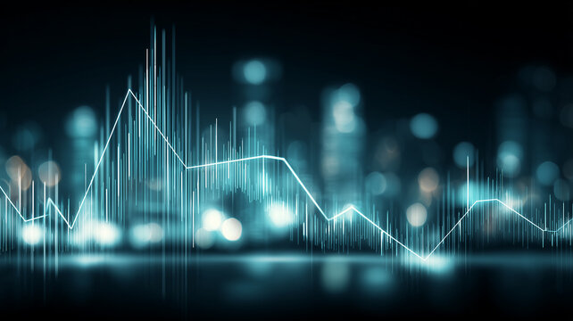 Abstract financial graph over a cityscape, illustrating market volatility, performance tracking, and data driven investment decisions for traders and analysts.
