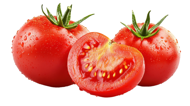 Three tomatoes are shown, one of which is cut in half
